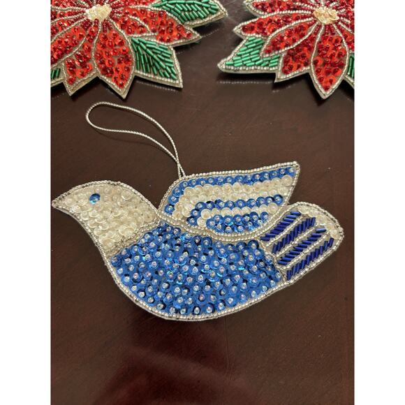 Vtg Avon Shimmering Holiday Ornaments Set: 2 Bells, 1 Dove, and 2 Poinsettia‎ - Picture 2 of 5